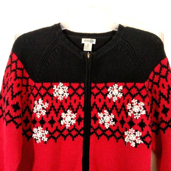 VTG Paul Narris Design Christmas Sweater Womens XL Red Black Full Zip Ugly Party - Picture 2 of 4